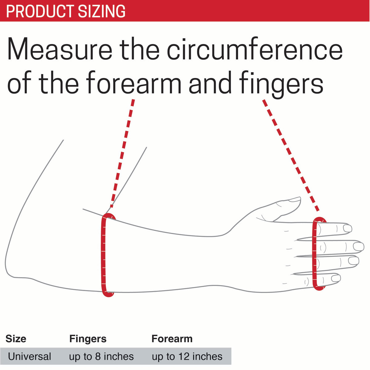 Sizing chart for 1105 Platform Hand Orthosis