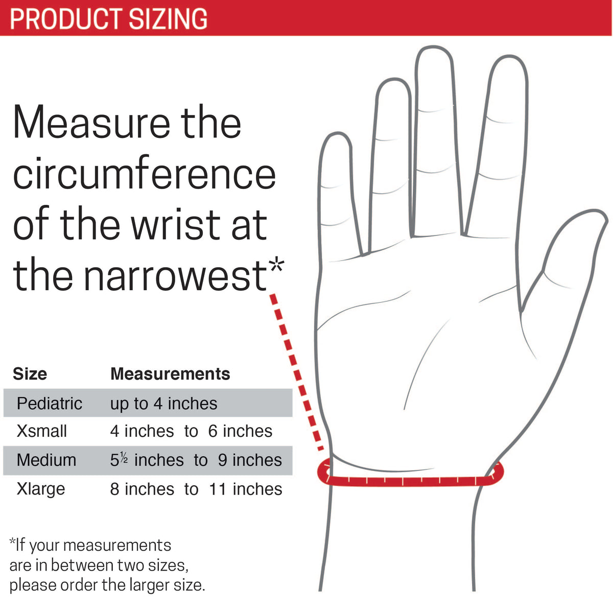 Product Sizing Chart for 1112.3 - Talon Wrist Lacing Orthosis