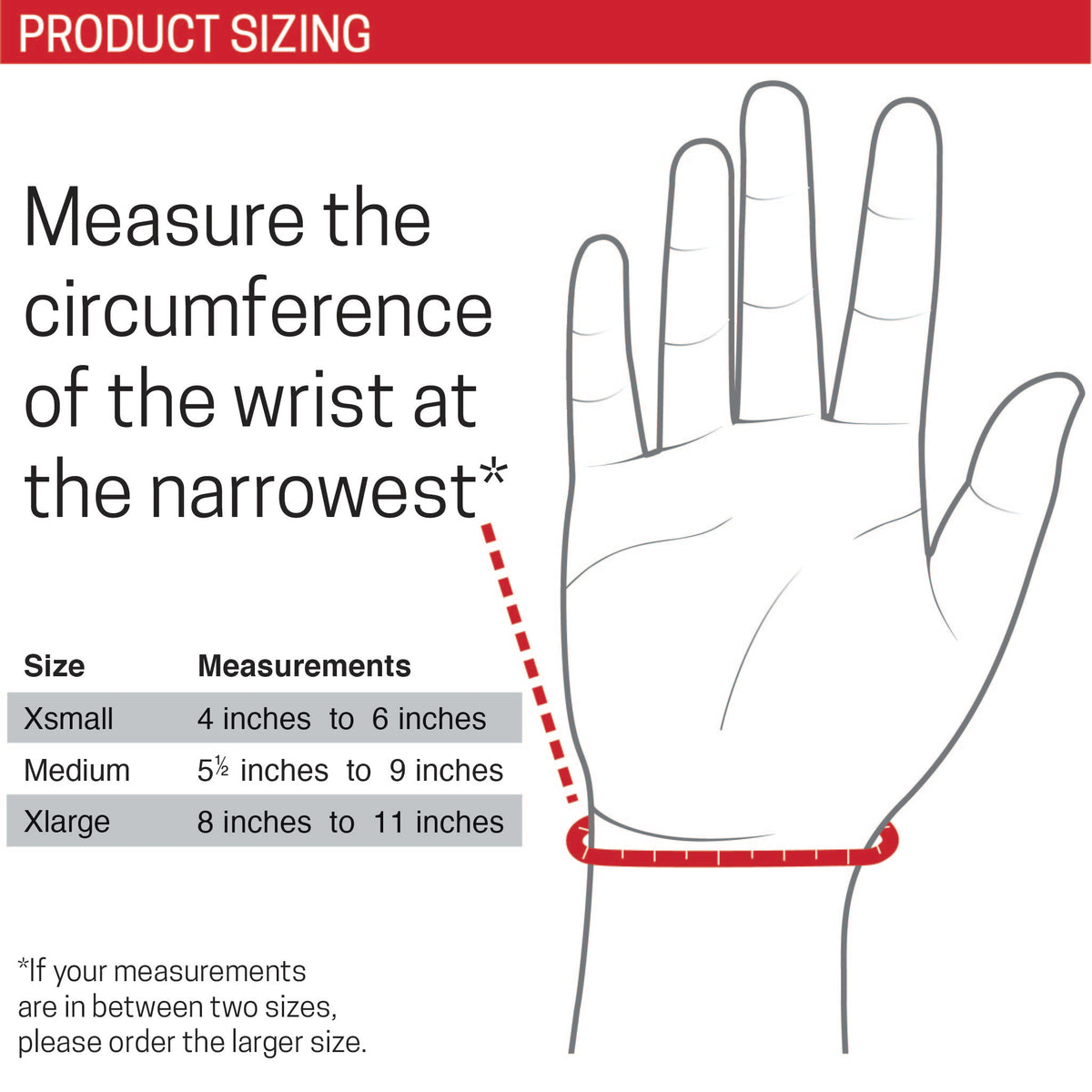 Product Sizing Chart for 1127.8 Ultimate Thumb Lacing Orthosis