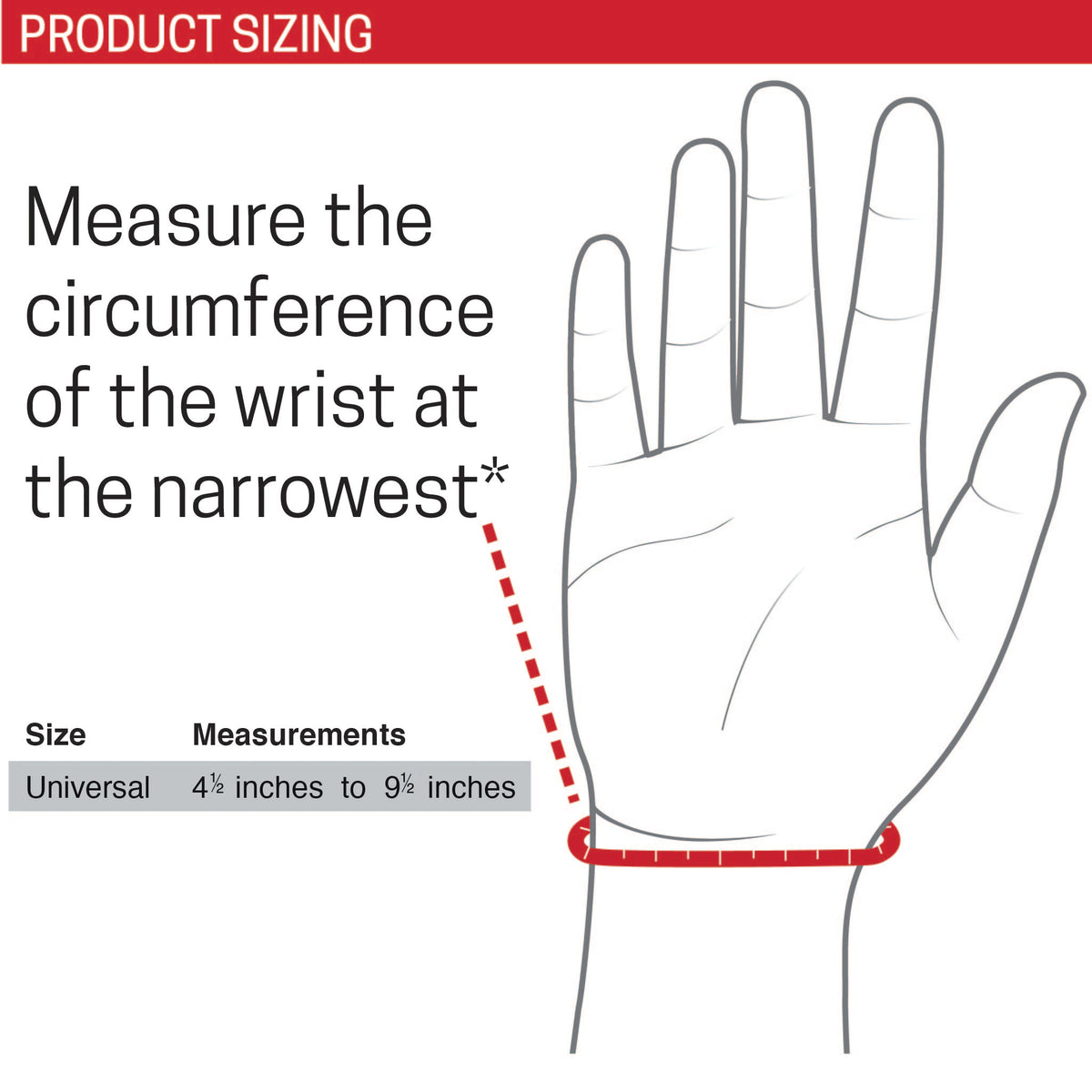 Product Sizing Chart for 1142.3 Universal Wrist Orthosis