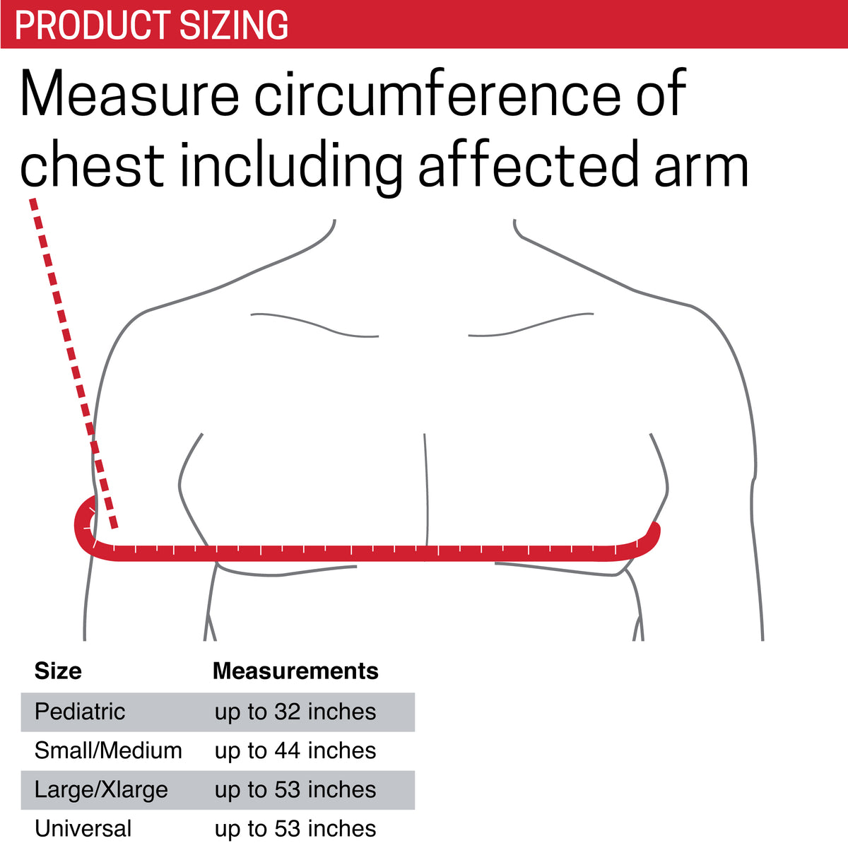 Sizing guide for torso shoulder immobilizer brace measuring chest circumference - 283025, 284811, 284815, 284813