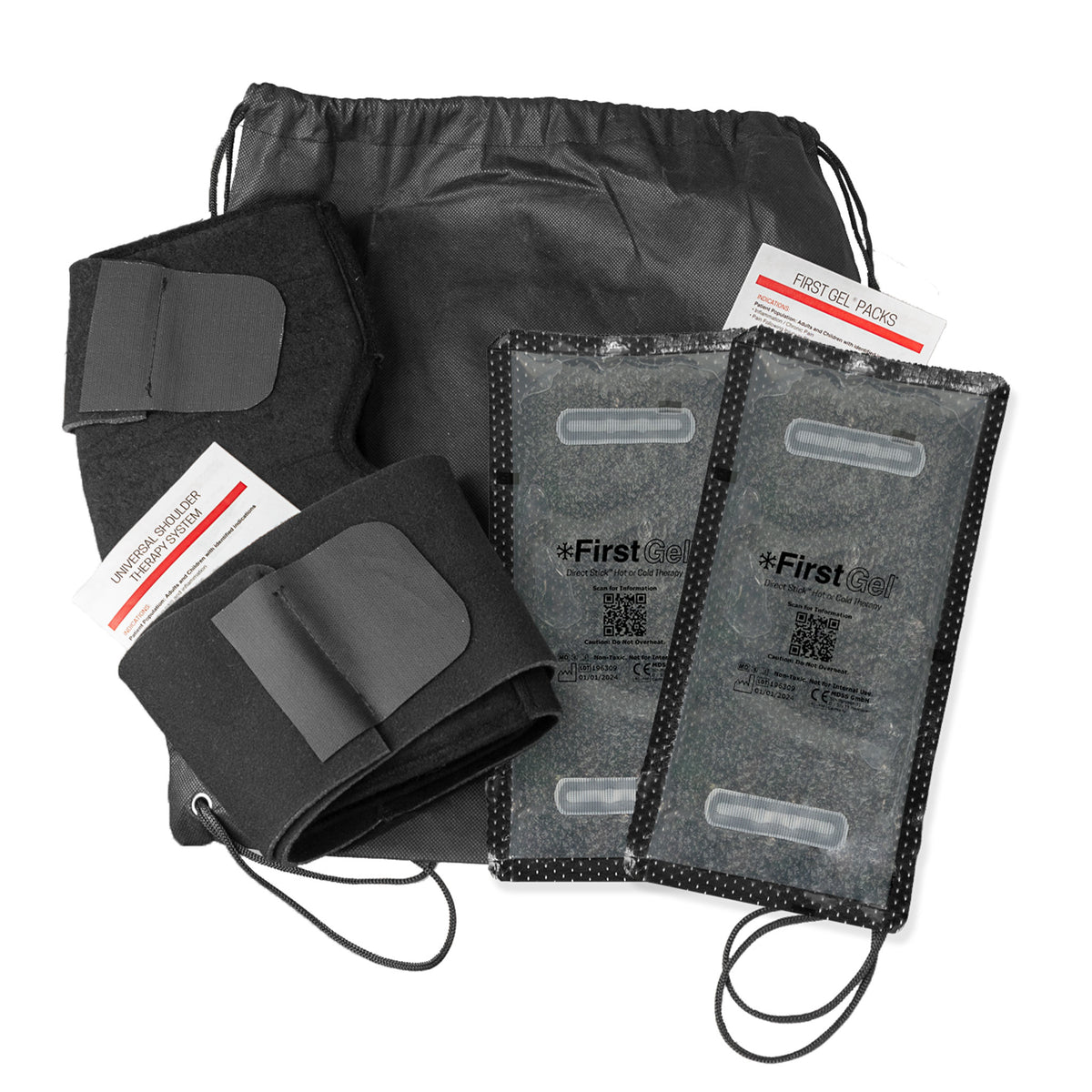 Image of Package Option Including 1 Wrap, 1 Drawstring Bag, 2 unfrozen First Gel® Direct Stick™ Packs, and Instructions for Use for Wrap and First Gel® Direct Stick™. 