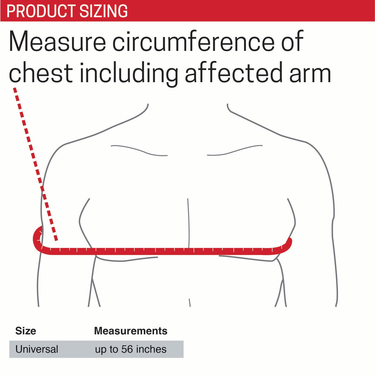 Illustration Image of 7257 Hybrid Shoulder Compression Wrap's Size Chart with the following text instructions: "measure circumference of chest including affected arm"