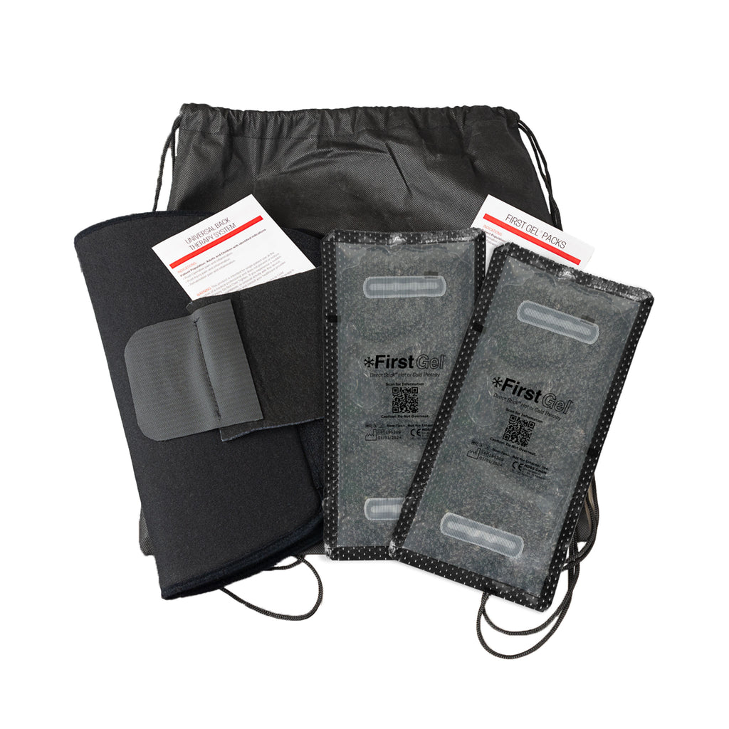 Image of Package Option Including 1 Wrap, 1 Drawstring Bag, 2 unfrozen First Gel® Direct Stick™ Packs, and Instructions for Use for Wrap and First Gel® Direct Stick™.    