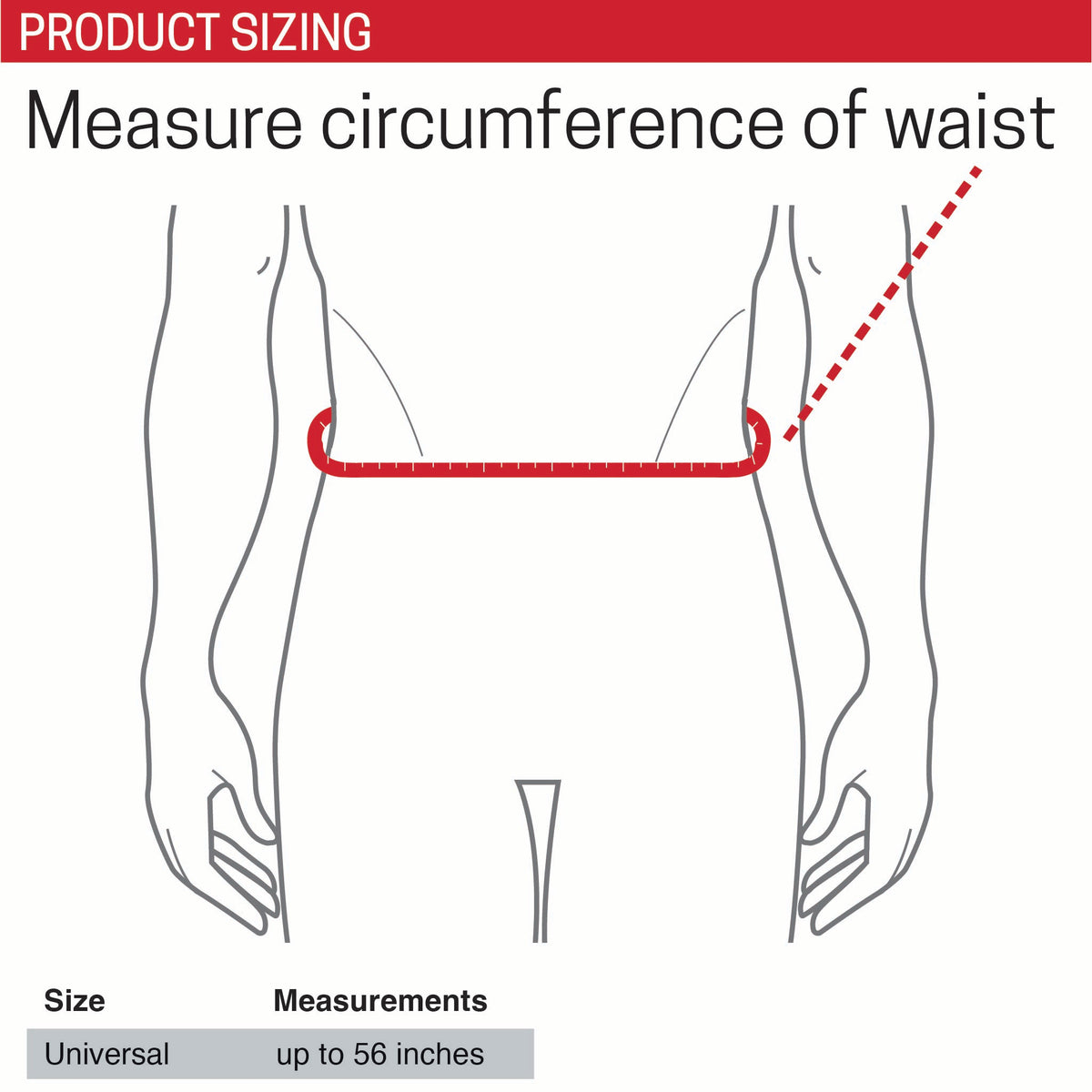 Illustration Image of 7450 Universal Back Compression Wrap's Size Chart with the following text instructions: "Measure circumference of waist"