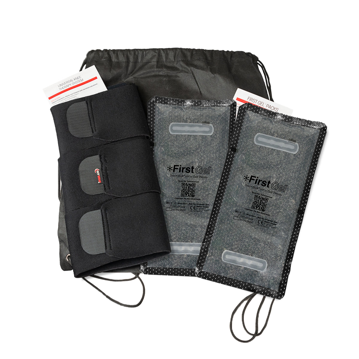 Image of Package Option Including 1 Wrap, 1 Drawstring Bag, 2 unfrozen First Gel® Direct Stick™ Packs, and Instructions for Use for Wrap and First Gel® Direct Stick™. 