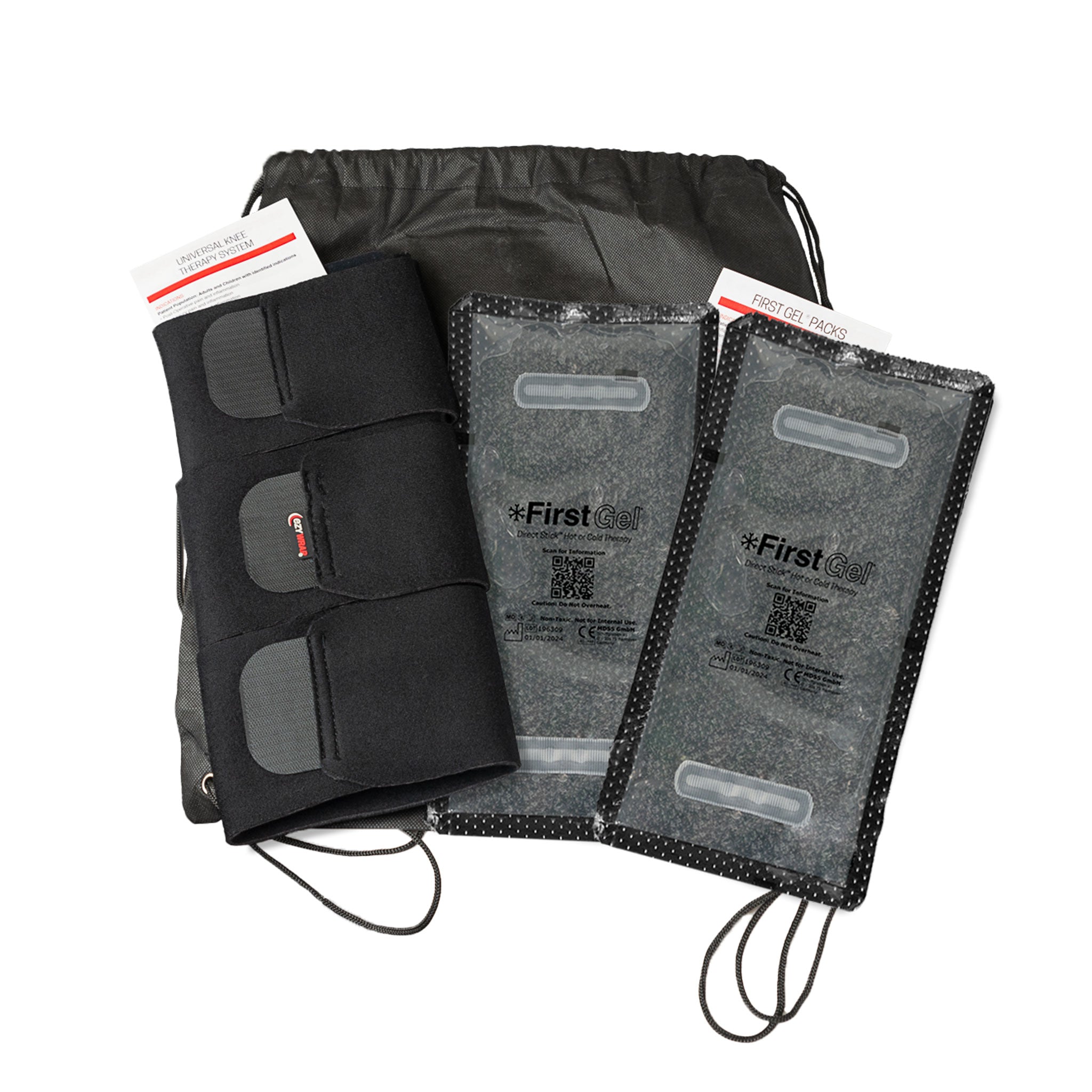 Image of Package Option Including 1 Wrap, 1 Drawstring Bag, 2 unfrozen First Gel® Direct Stick™ Packs, and Instructions for Use for Wrap and First Gel® Direct Stick™. 