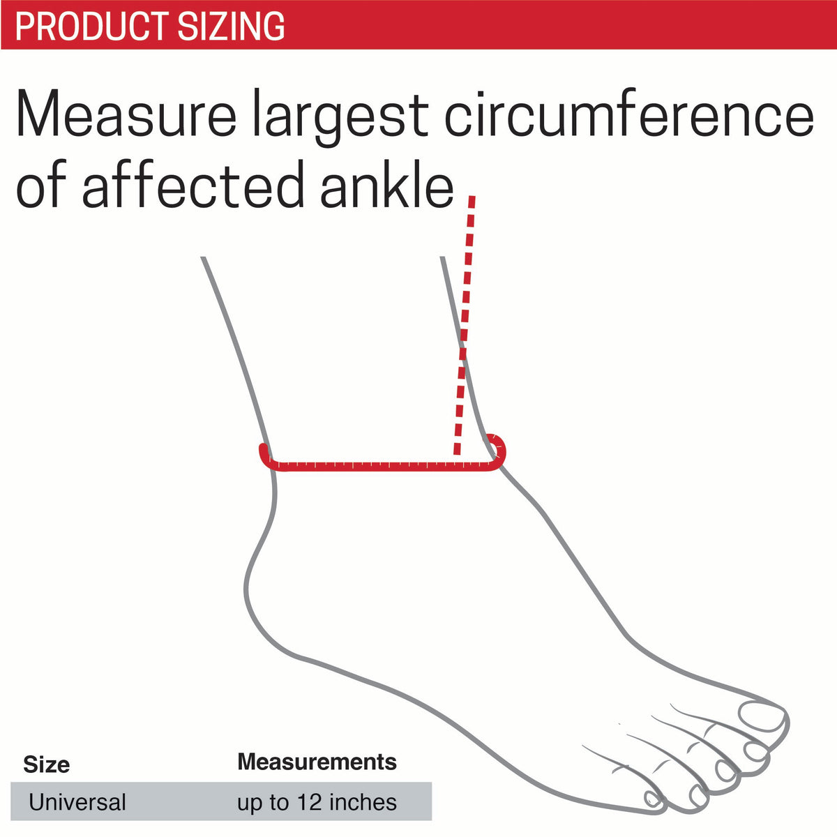 Illustration Image of 7750 Universal Ankle Compression Wrap's Size Chart with the following text instructions: "measure largest circumference of affected ankle"