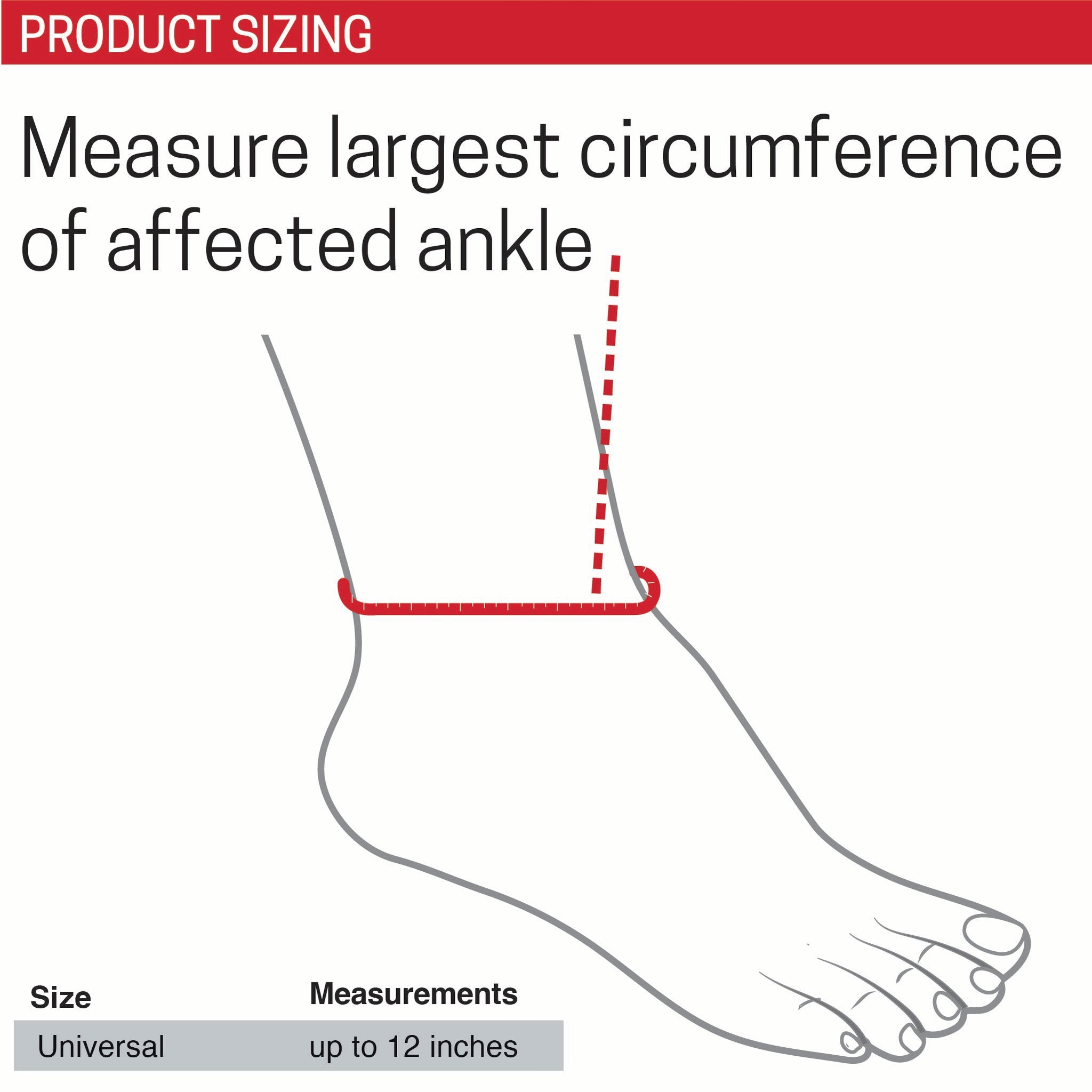 Illustration Image of 7750 Universal Ankle Compression Wrap's Size Chart with the following text instructions: 
