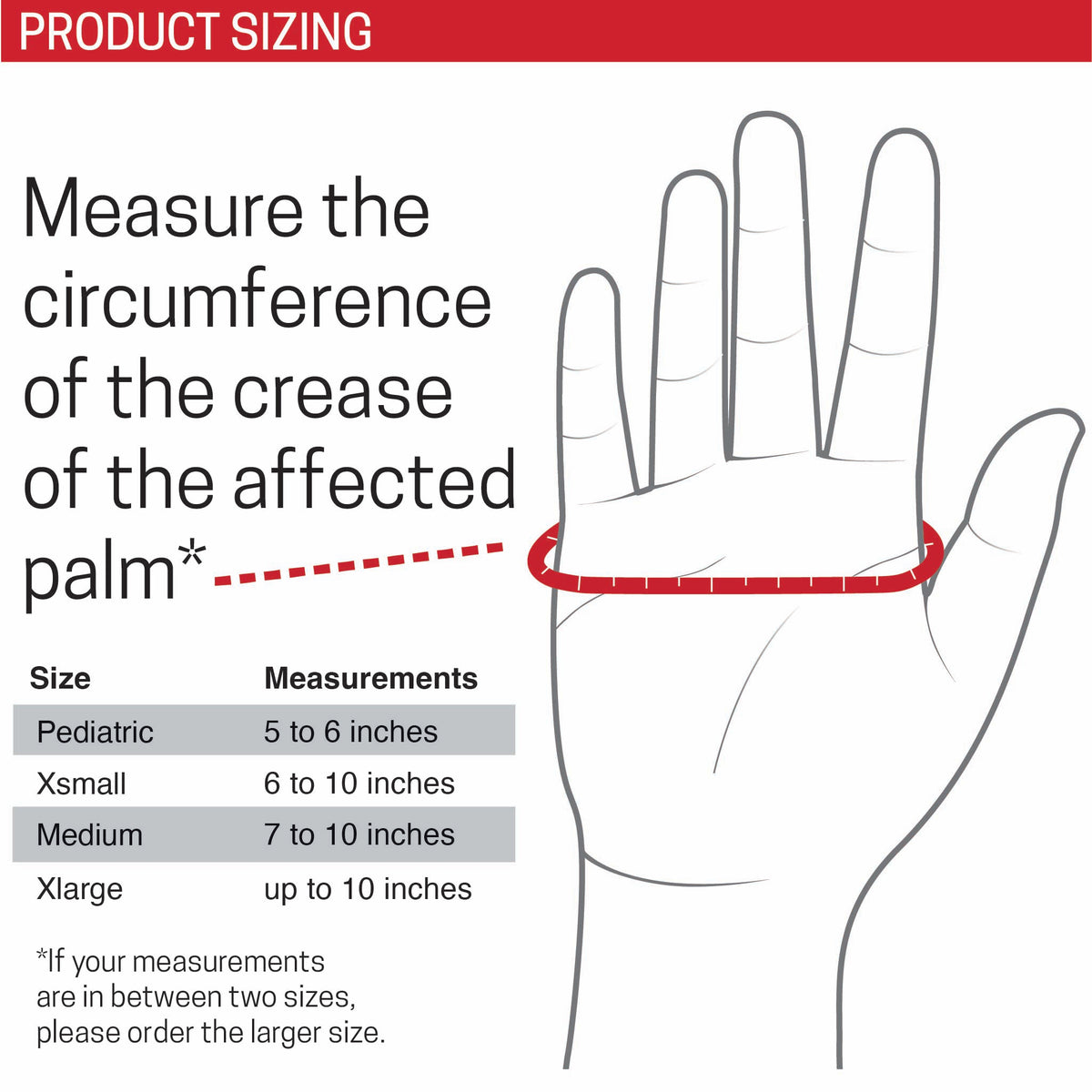 Sizing guide for Boxer Orthosis measuring circumference of the affected palm - 283265, 283262, 283266, 283263, 283267, 282550, 283268, 283264