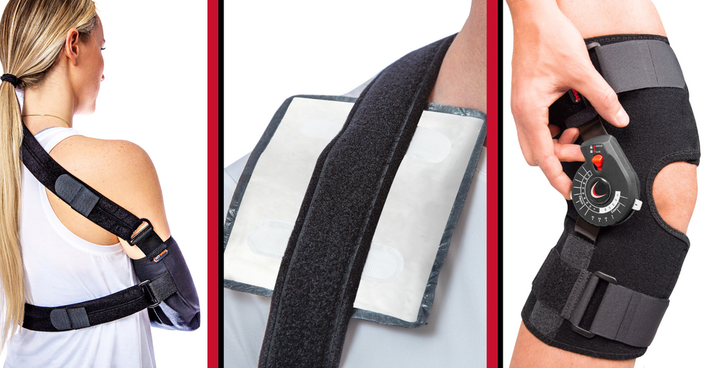 3 featured product images of the 2351 Tapered Shoulder Immobilizer, 2415 Clavicle Support with Optional First Ice® Direct Stick™ pack, and 521 Rally ROM Hinged Knee Wrap