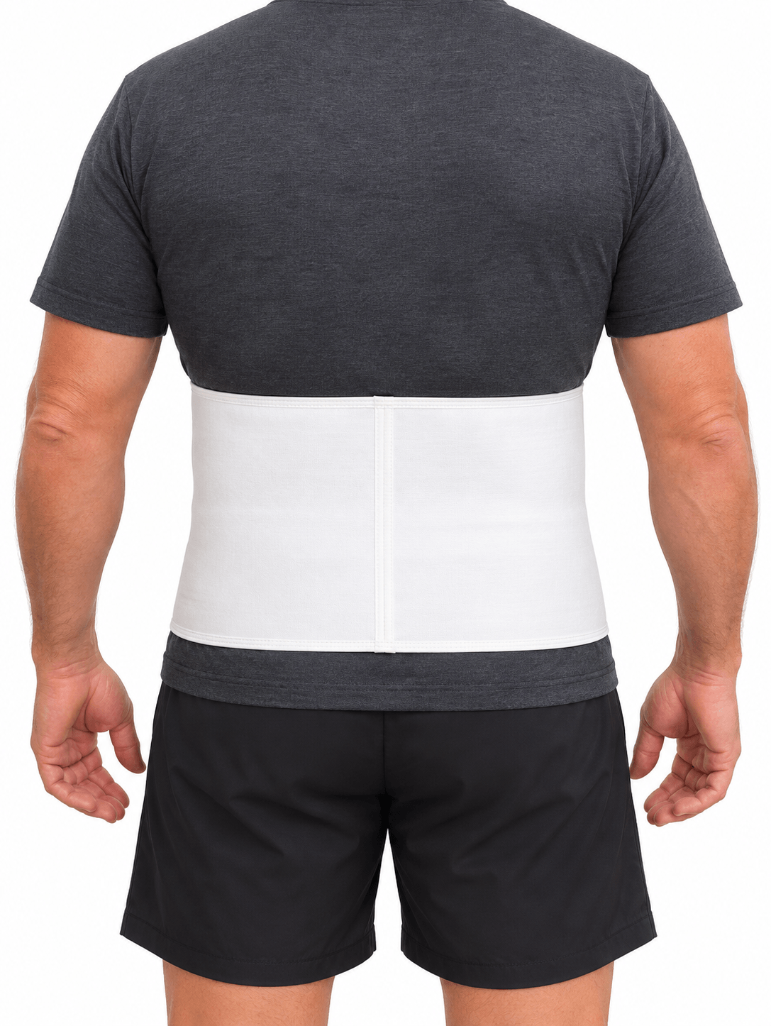 Rear view of EzyWrap semi-universal abdominal binder showing white compression wrap coverage around the midsection.