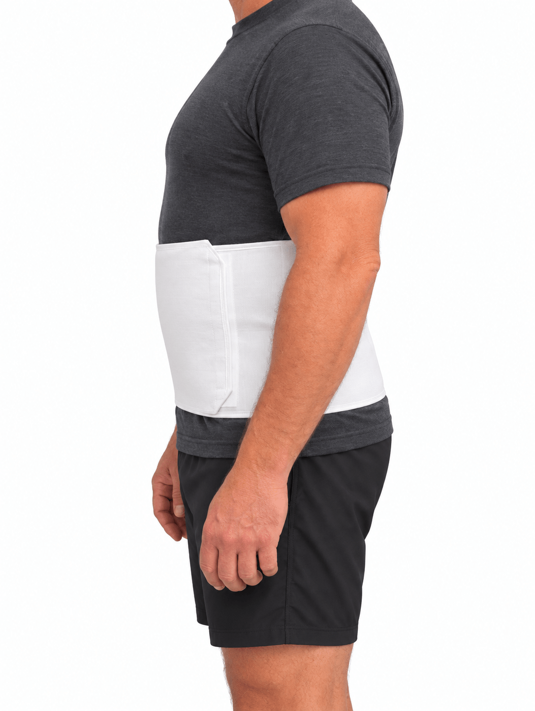 Side view of white abdominal support binder showing the wraparound compression design and hook-and-loop fastening.