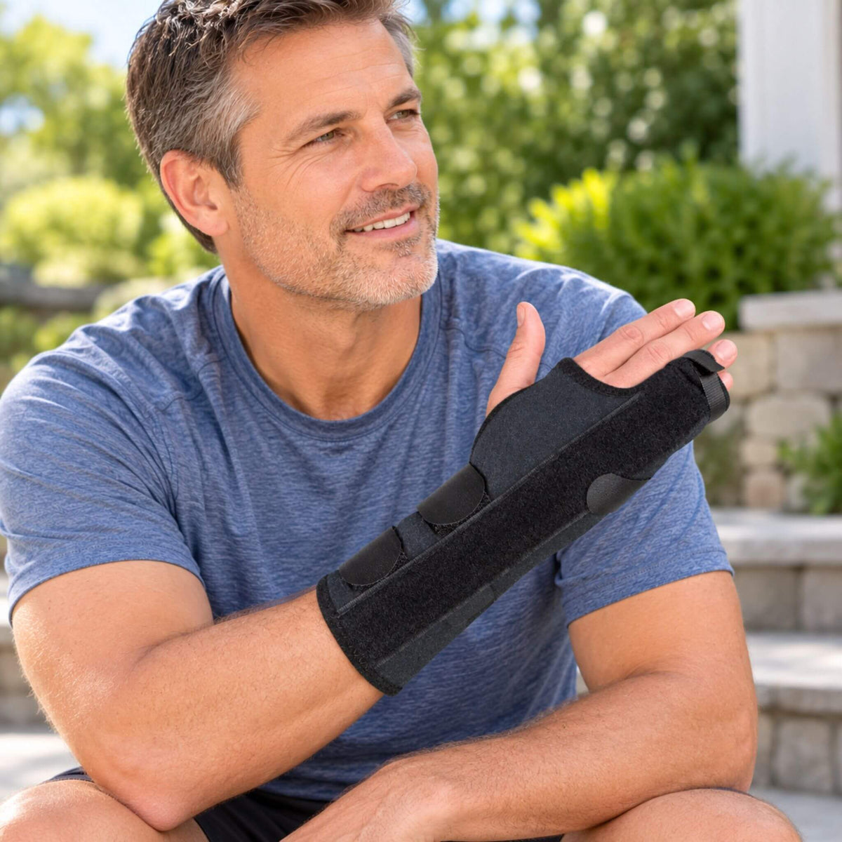Man wearing a right hand boxer fracture splint and metacarpal brace outdoors