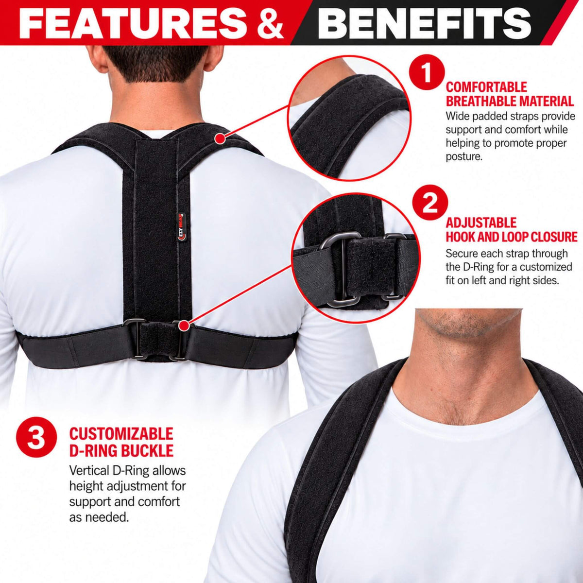 Clavicle brace features showing breathable padded shoulder straps, adjustable hook-and-loop closures, and customizable D-ring buckle.