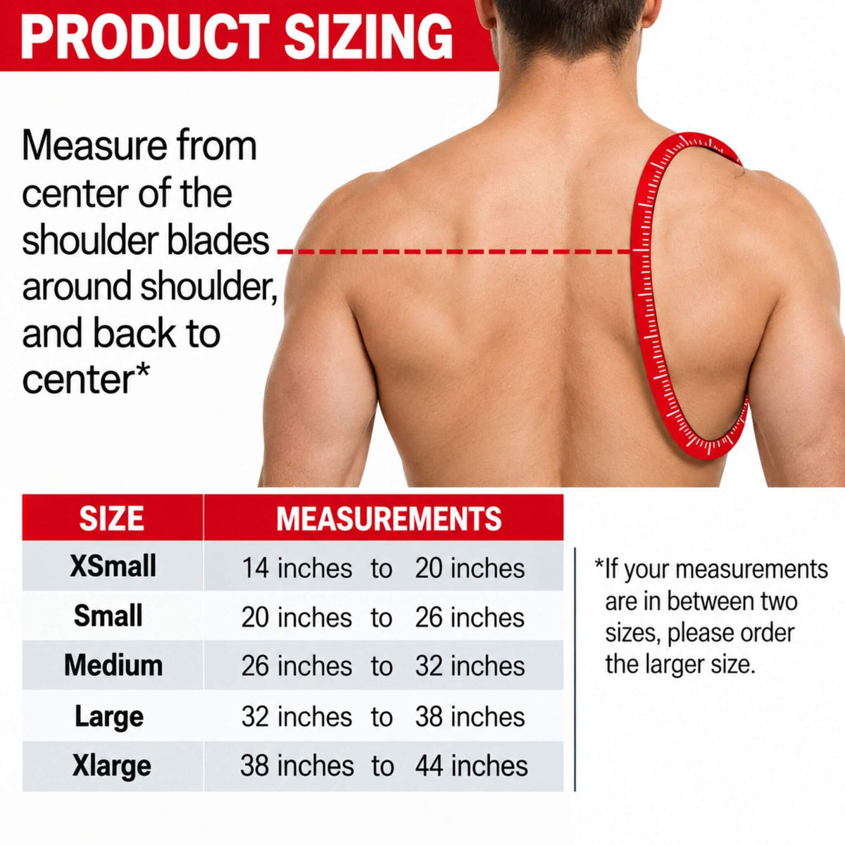 Clavicle brace sizing chart showing how to measure around the shoulder with sizes XS through XL for proper collarbone support.