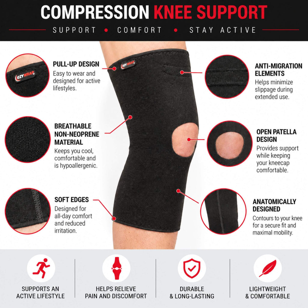 Compression knee sleeve features including breathable non-neoprene material, open patella and anti-migration design