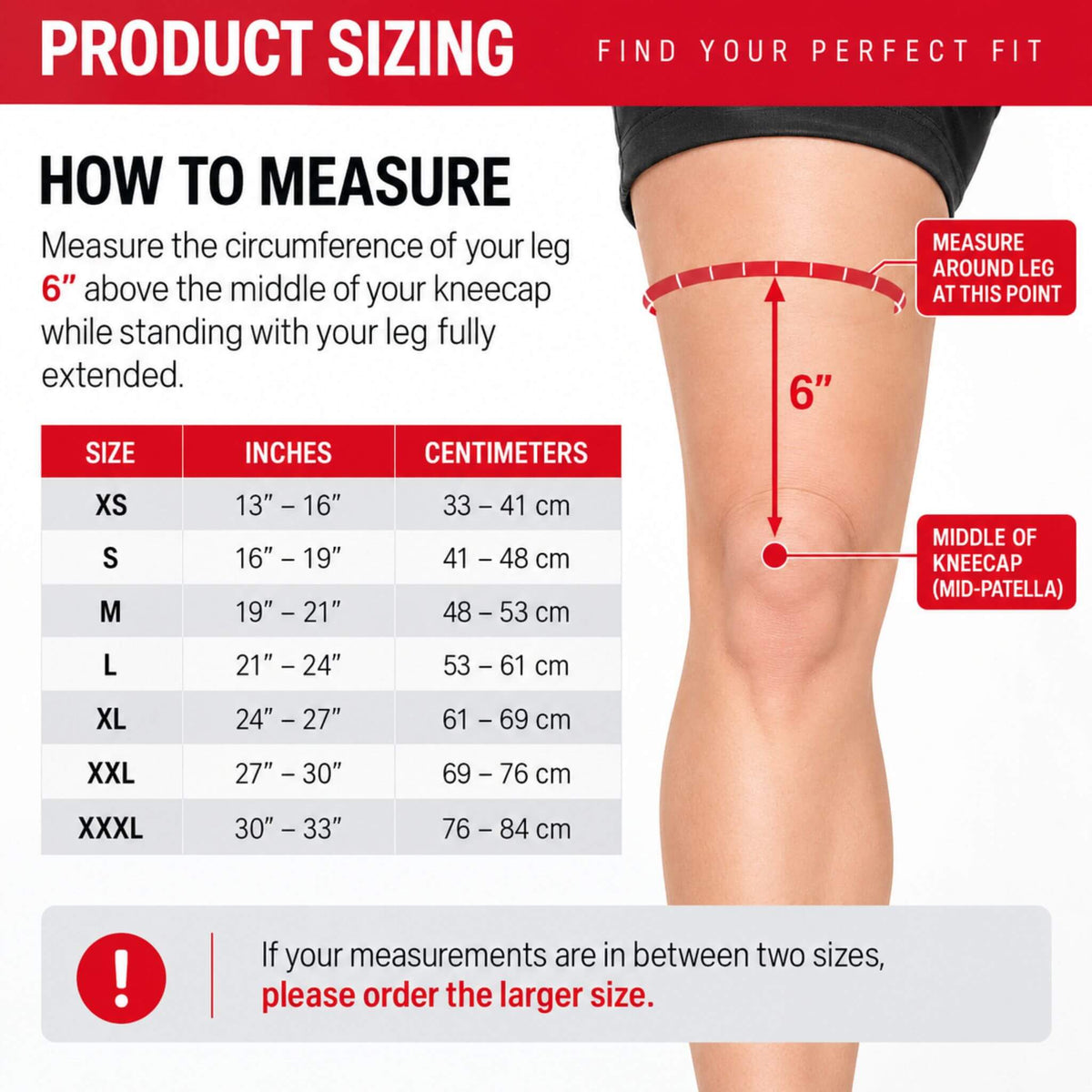 Compression knee sleeve size chart showing how to measure 6 inches above the kneecap