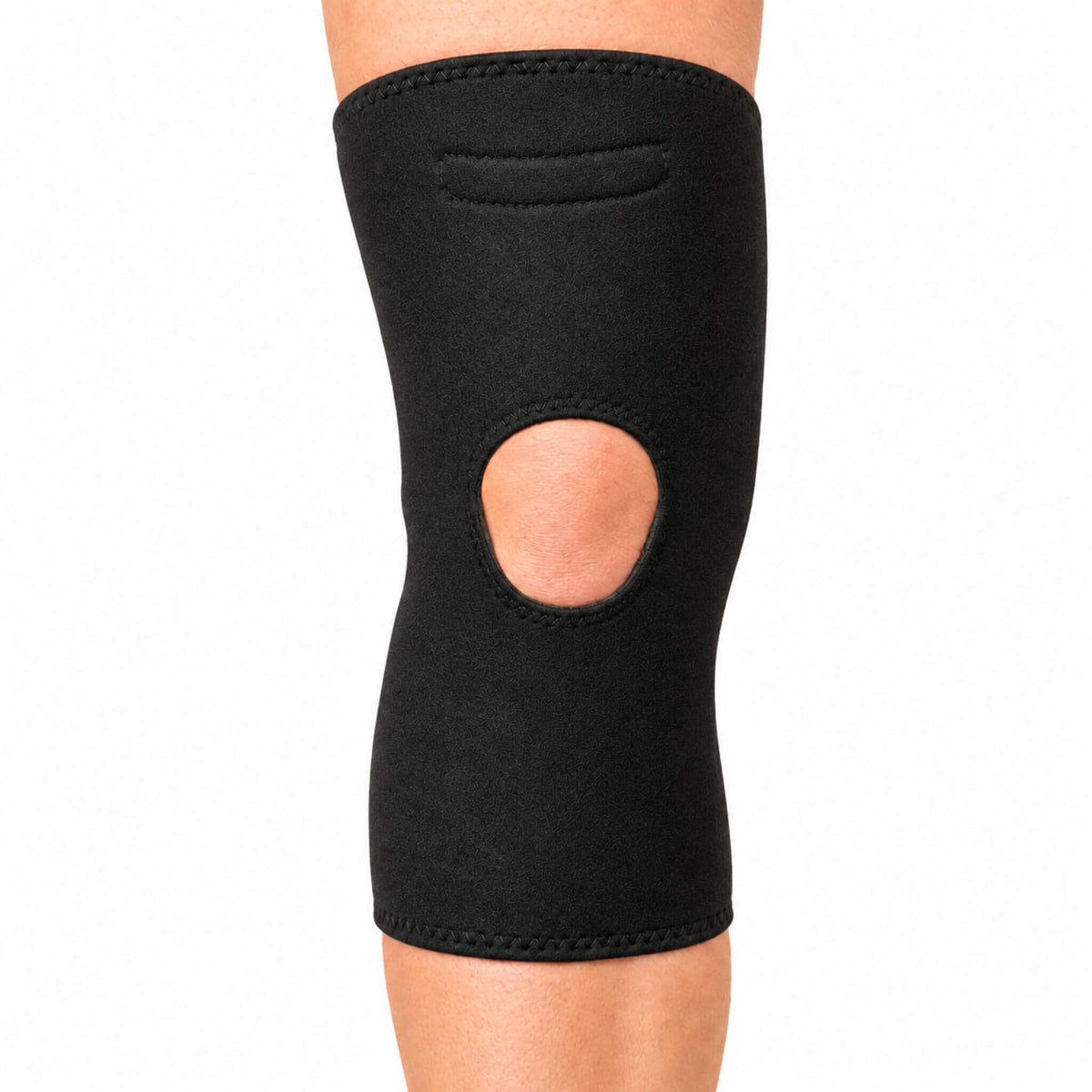 Front view of black compression knee support sleeve with open kneecap