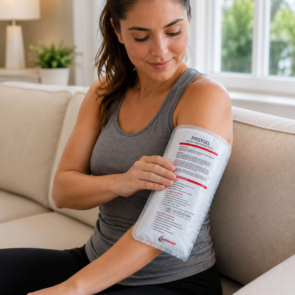 Flexible Ezy Gel hot and cold therapy pack conforming to the arm for targeted pain relief, injury recovery, and swelling reduction