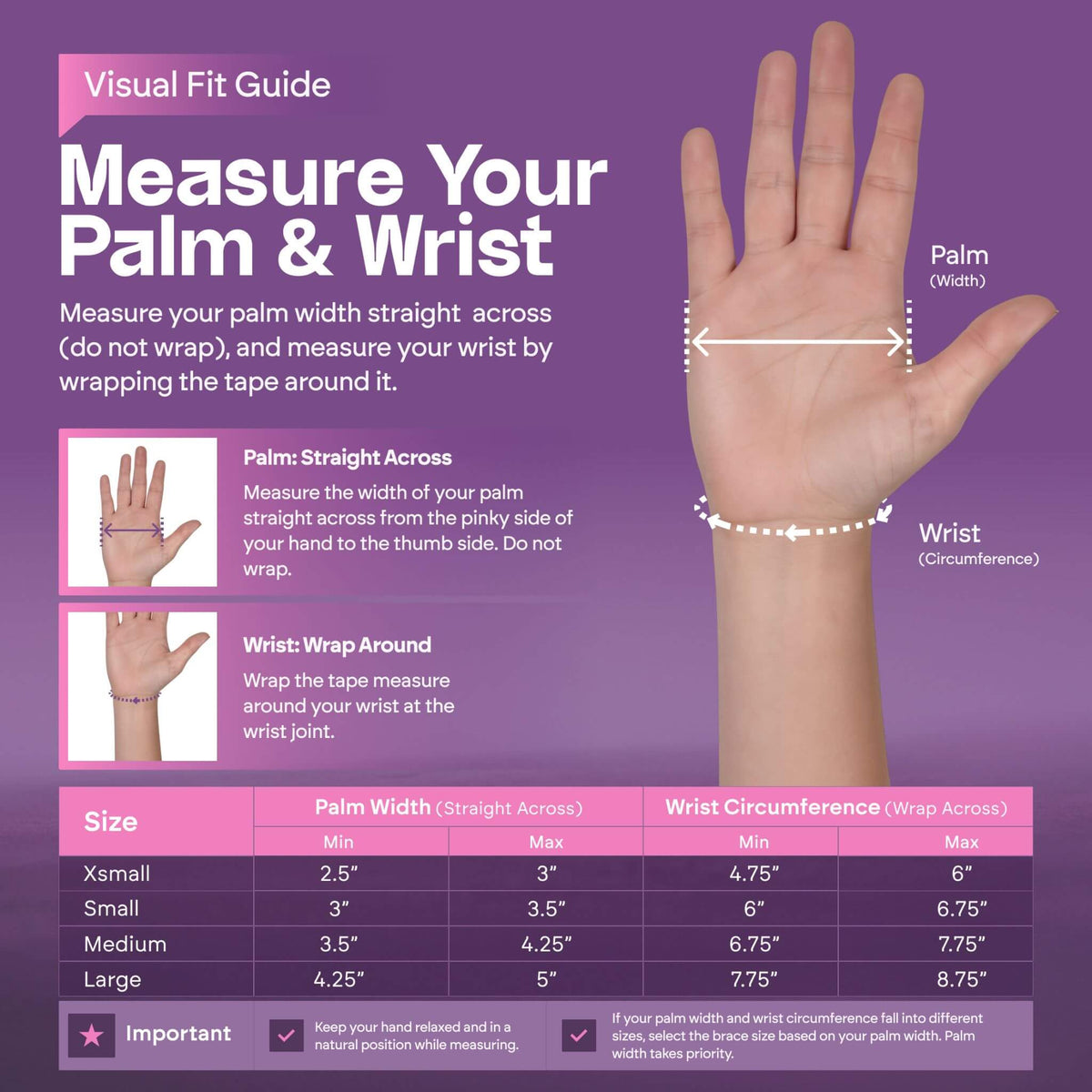 Ezy Pro Gymnast Wrist Brace sizing chart showing palm width and wrist circumference measurements for selecting the correct brace size