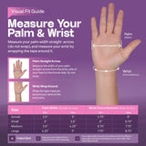 Ezy Pro Gymnast Wrist Brace sizing chart showing palm width and wrist circumference measurements for selecting the correct brace size