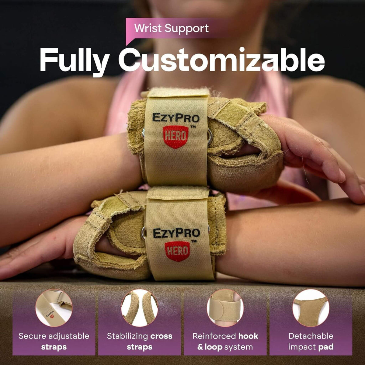 EzyPro adjustable gymnast wrist brace featuring customizable straps, reinforced hook-and-loop closure, cross straps, and removable impact pad.