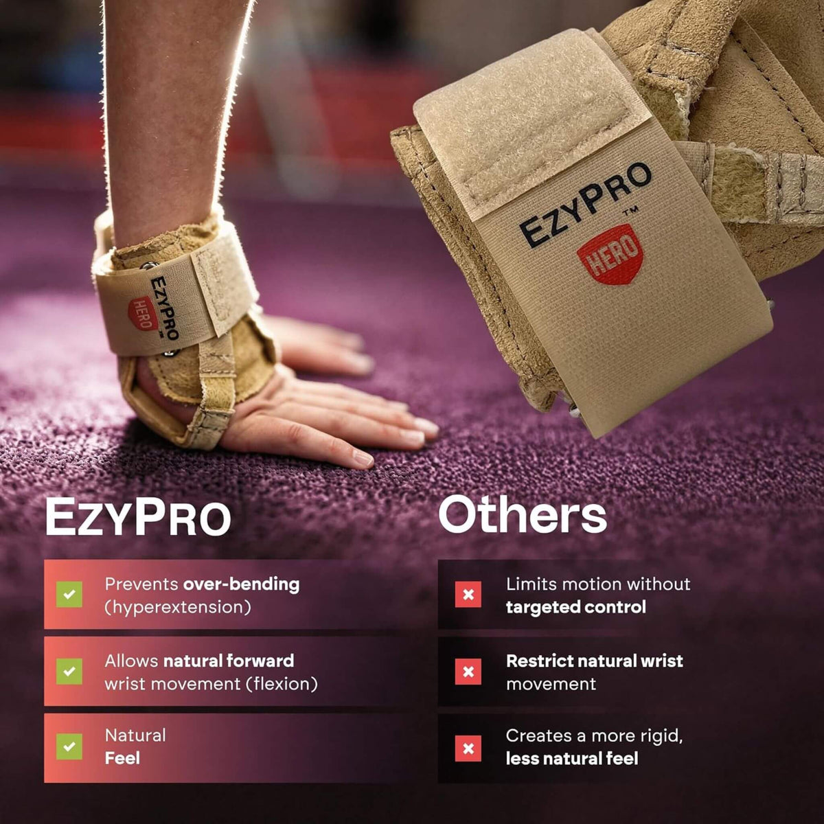 EzyPro gymnast wrist brace compared to traditional gymnastics wrist supports, showing natural wrist movement and hyperextension protection.
