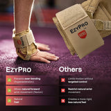 EzyPro gymnast wrist brace compared to traditional gymnastics wrist supports, showing natural wrist movement and hyperextension protection.