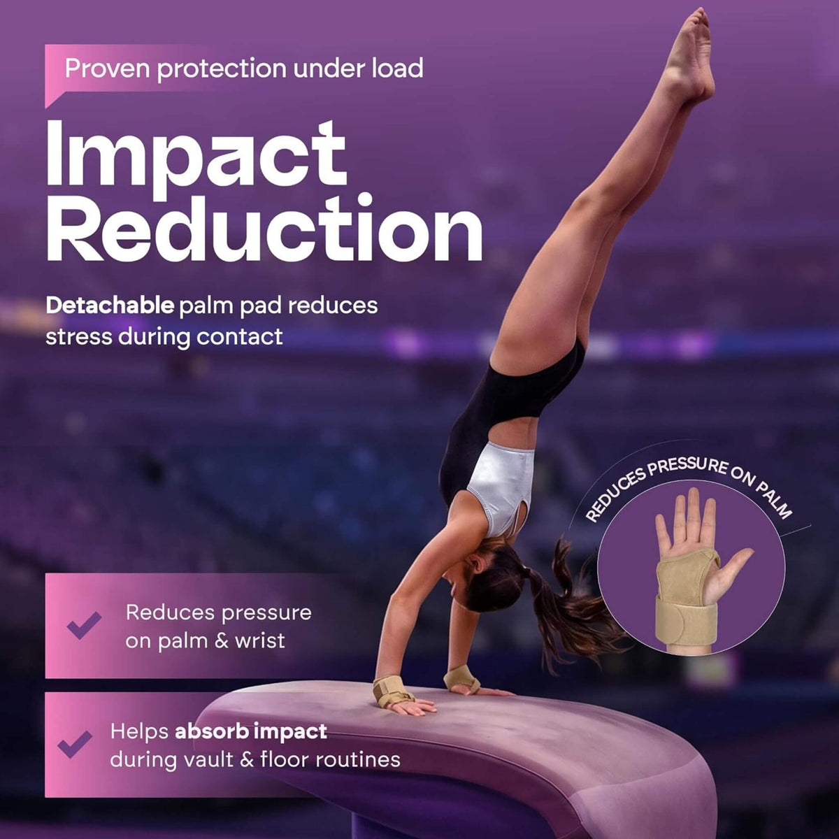 Gymnast wearing EzyPro wrist braces with detachable palm pad to reduce wrist impact during vault, floor, and tumbling.