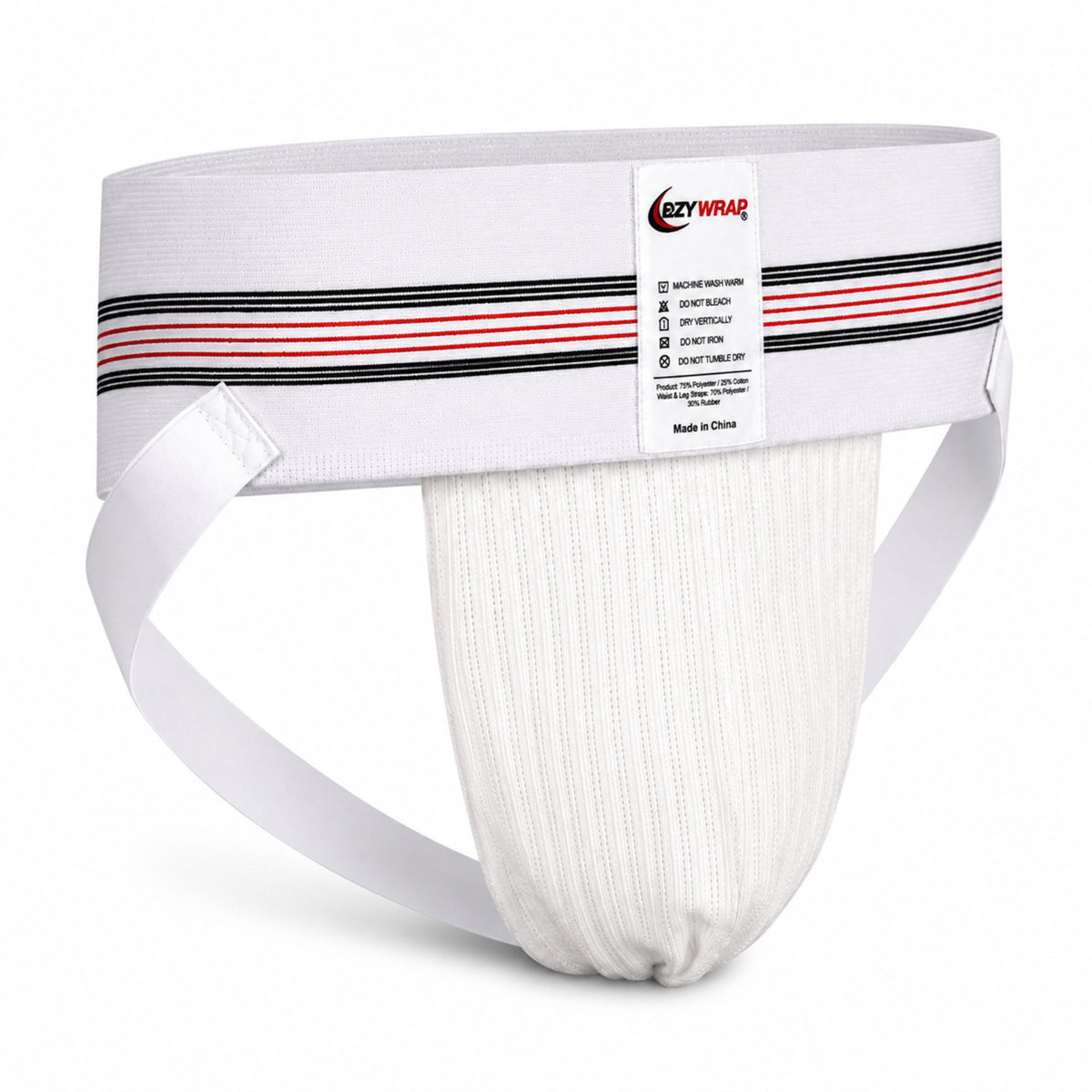 Angled view of the EzyWrap men's athletic supporter showing the breathable knit pouch, supportive waistband, and lightweight athletic design.