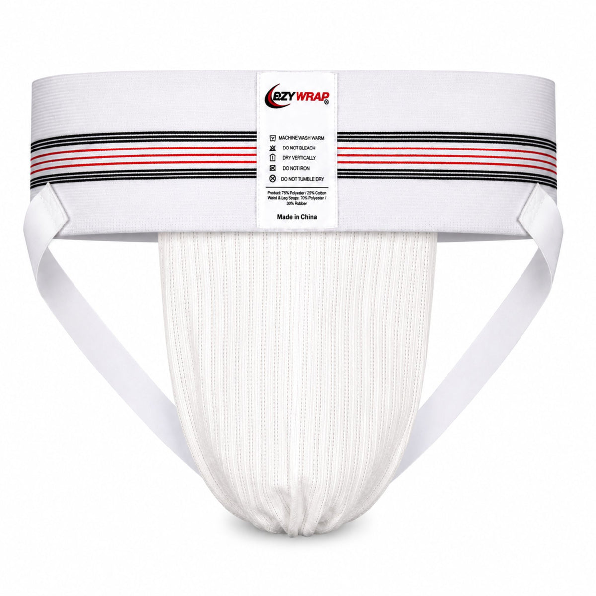 Front view of the EzyWrap men's athletic supporter featuring a breathable cotton knit pouch, wide elastic waistband, and durable leg straps for sports and athletic training.