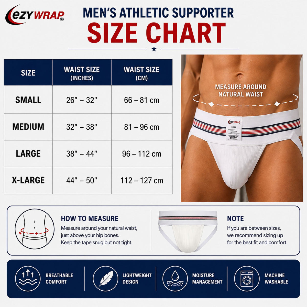 Size chart for the EzyWrap men's athletic supporter showing waist measurements in inches and centimeters with instructions for proper waist sizing.