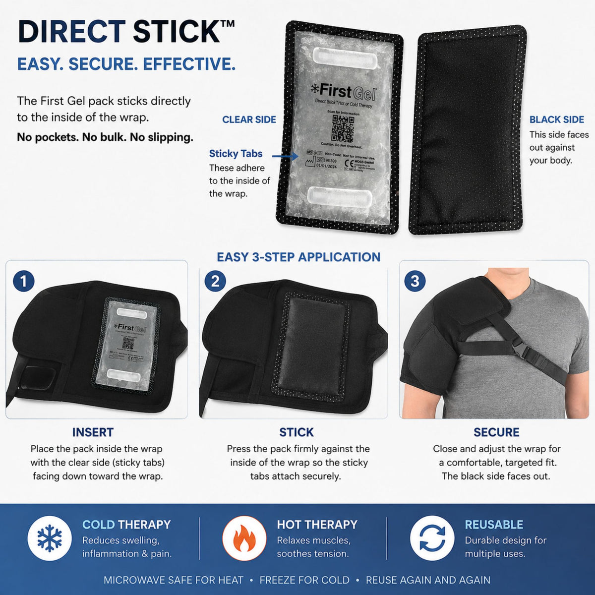 First Gel® Direct Stick™ hot & cold therapy gel pack application guide showing how to insert, attach, and secure the reusable gel pack inside a compatible therapy wrap for targeted hot or cold pain relief
