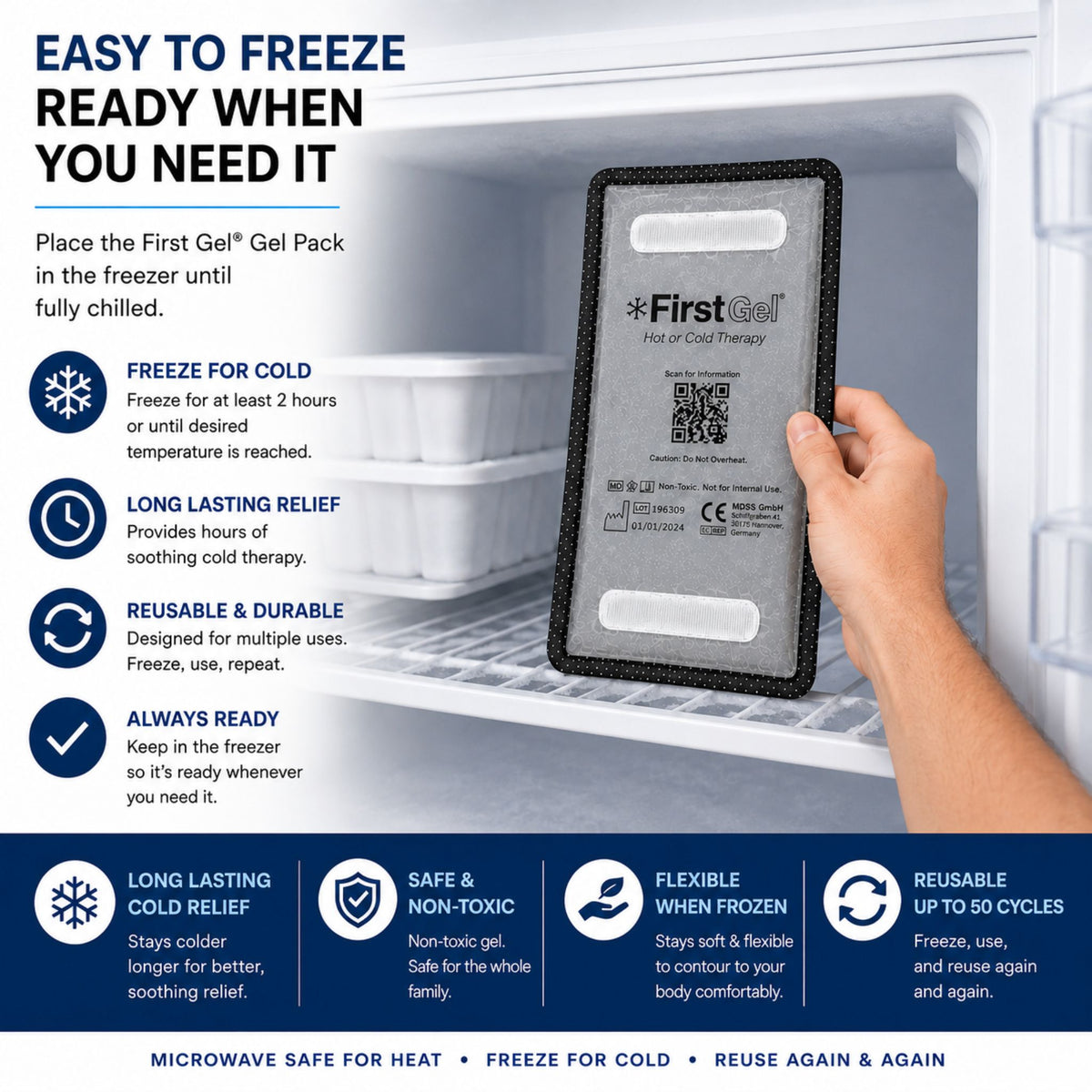 First Gel® reusable hot & cold therapy gel pack being placed in a freezer for cold therapy, showing how to prepare the flexible reusable gel pack for long-lasting pain relief, swelling, inflammation, and muscle recovery