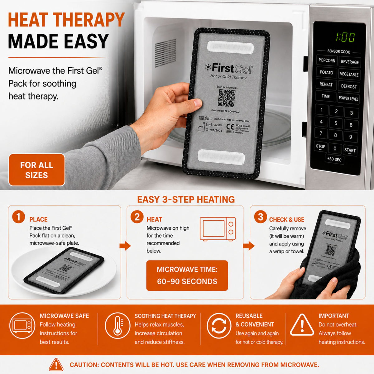 First Gel® reusable hot & cold therapy gel pack infographic showing microwave heating instructions for safe heat therapy to help relieve muscle soreness, joint stiffness, tension, and everyday aches