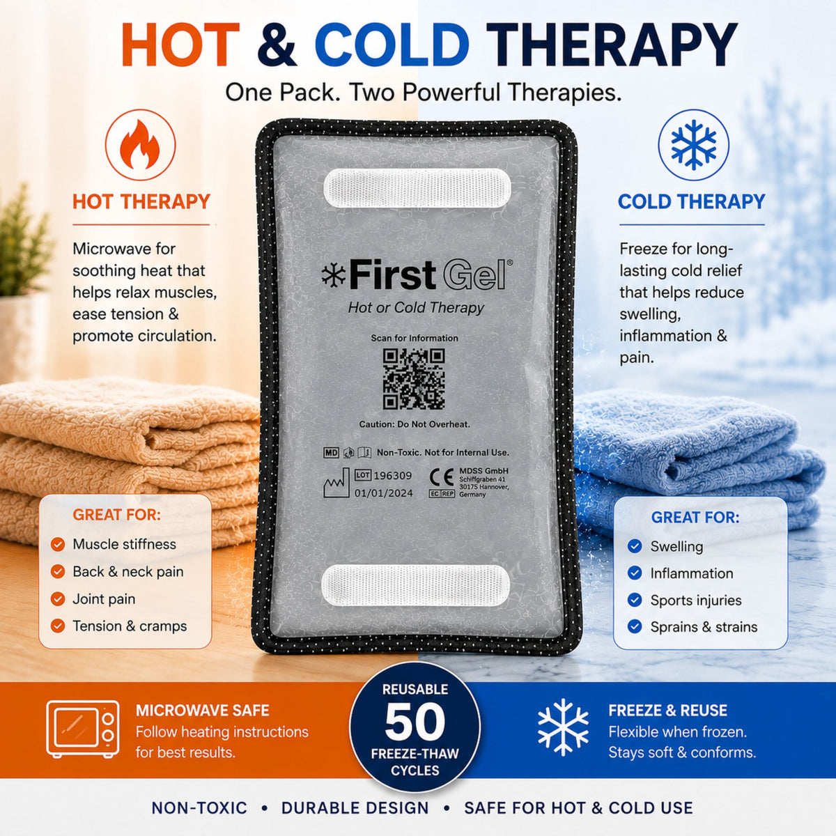 First Gel® reusable hot & cold therapy gel pack infographic showing microwave heat therapy, freezer cold therapy, flexible reusable design, and pain relief for swelling, inflammation, muscle soreness, and joint pain