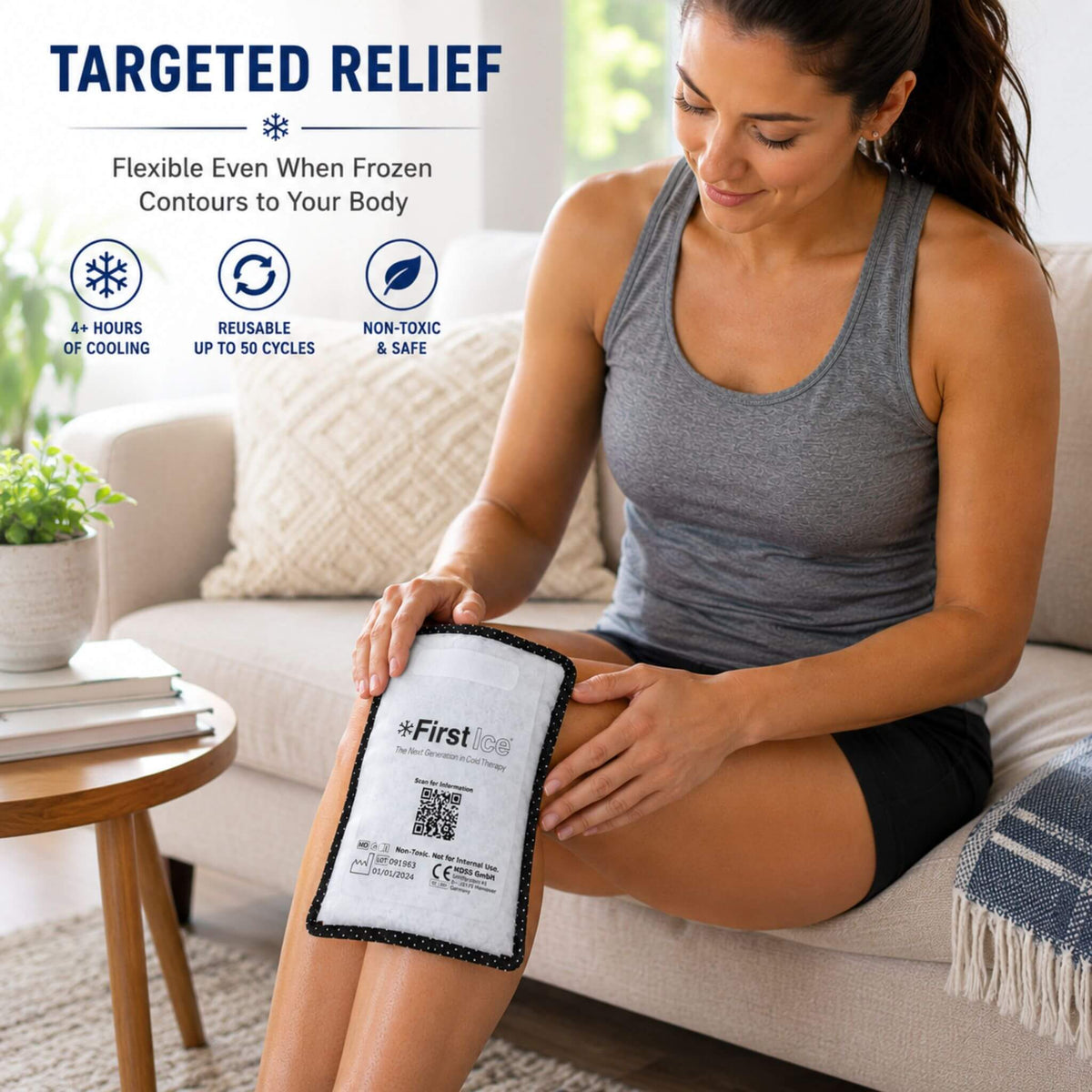 Woman using a First Ice Direct Stick long-lasting cold therapy pack on her knee for targeted cooling relief after exercise or injury.