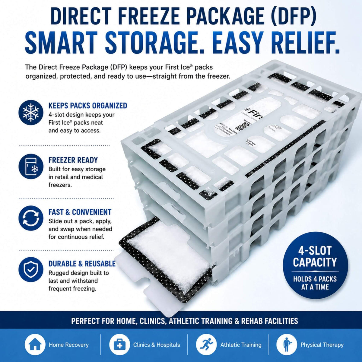 First Ice Direct Freeze Package storage system keeps reusable cold therapy packs organized, protected, and ready for use in the freezer.