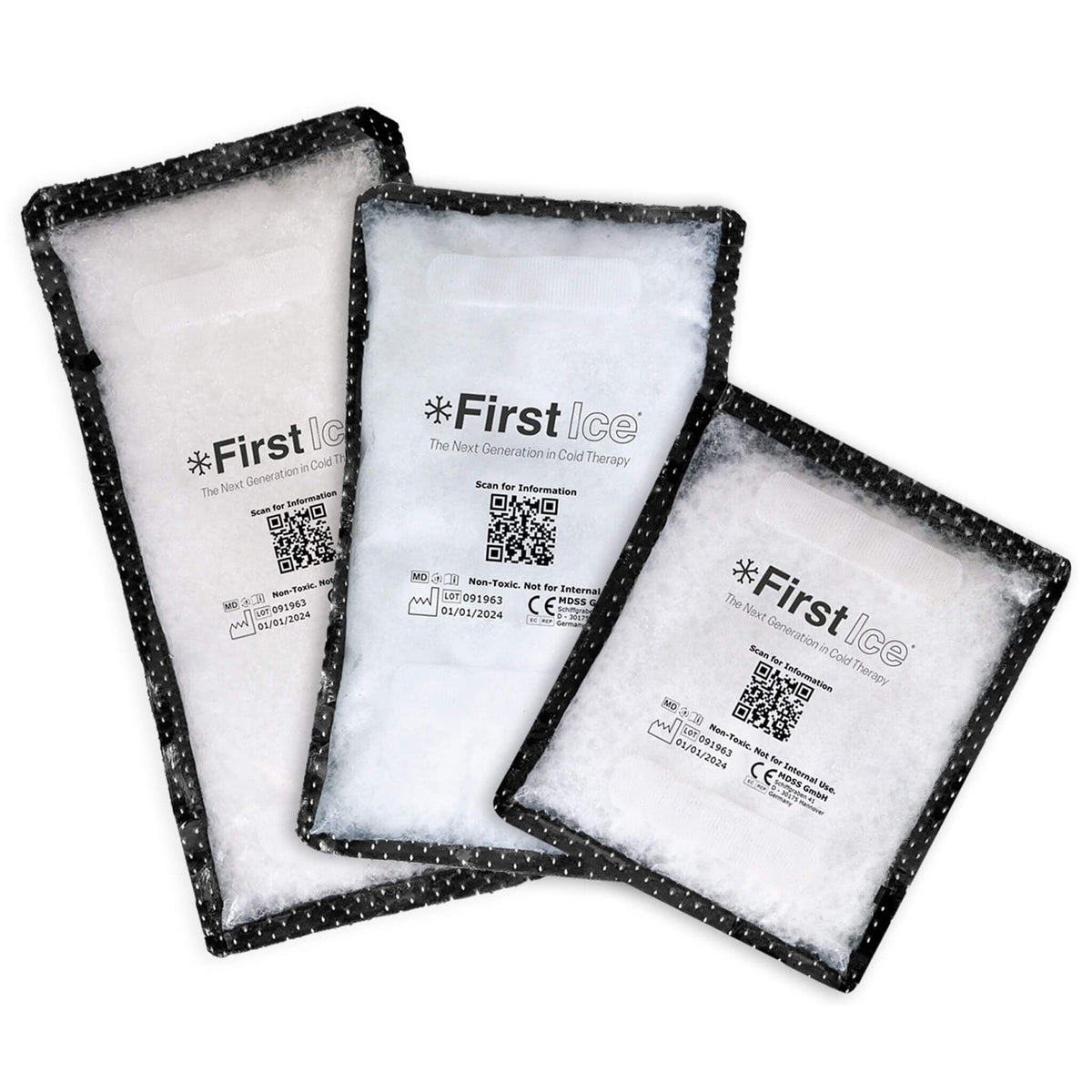 First Ice Direct Stick reusable long-lasting cold therapy packs in 6x7, 6x10, and 6x12 sizes with patented phase change cooling technology.