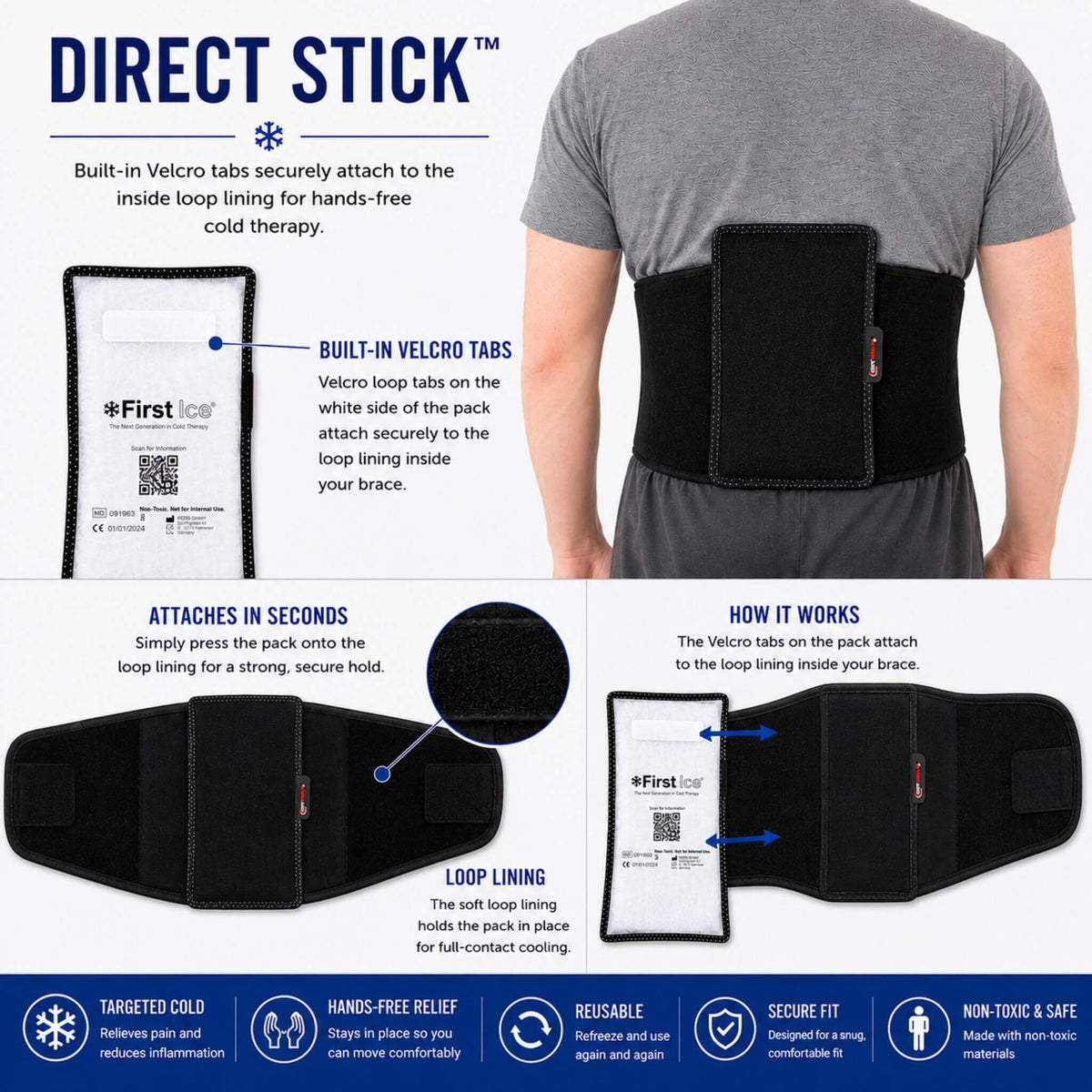 First Ice Direct Stick cold therapy pack attaches securely inside orthopedic braces using built-in hook-and-loop fastening for hands-free cold therapy.