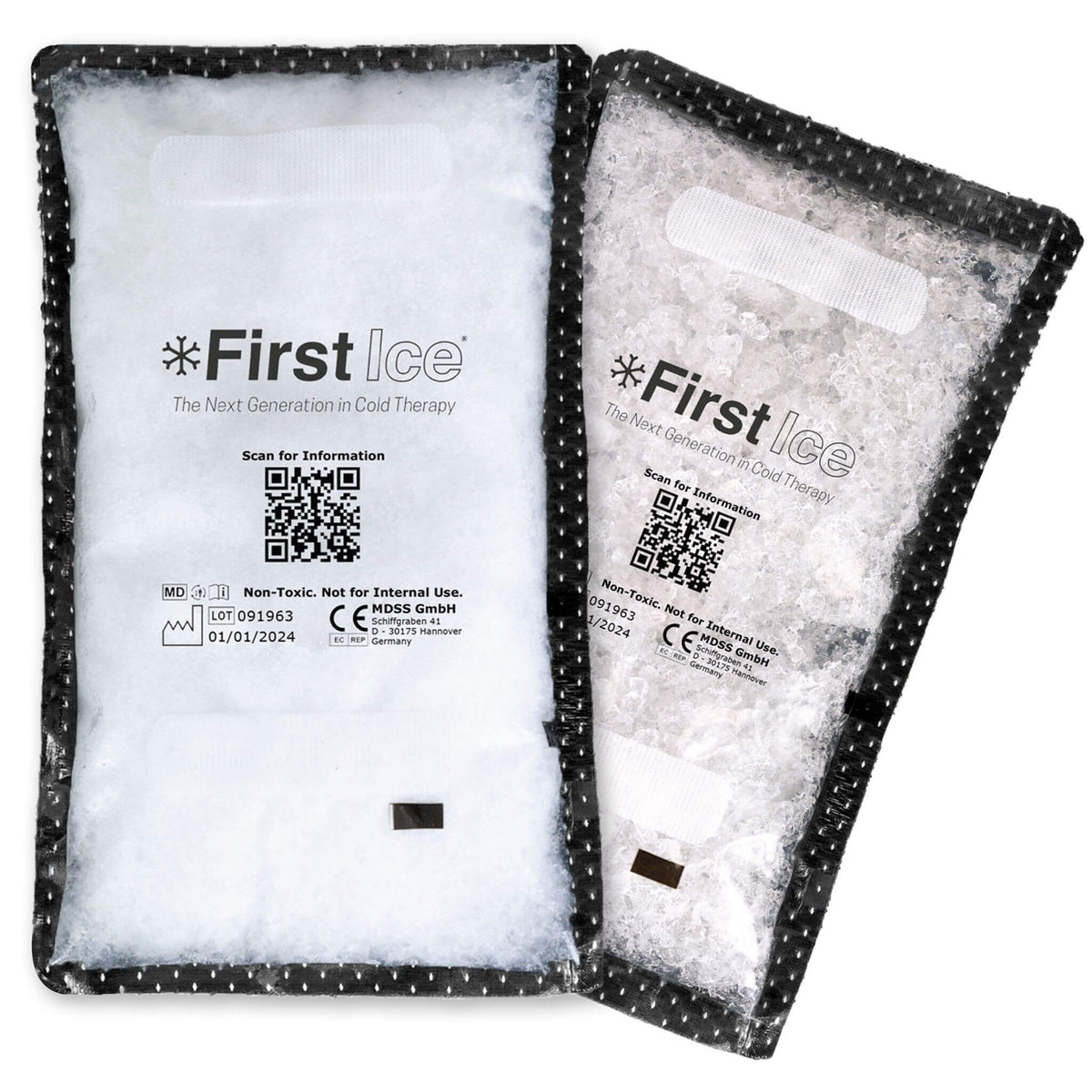 First Ice Direct Stick reusable cold therapy packs showing flexible patented phase change material that stays soft when frozen.