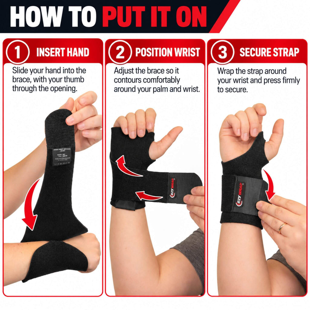 How to put on the Jonah wrist brace by inserting hand, positioning wrist and securing strap