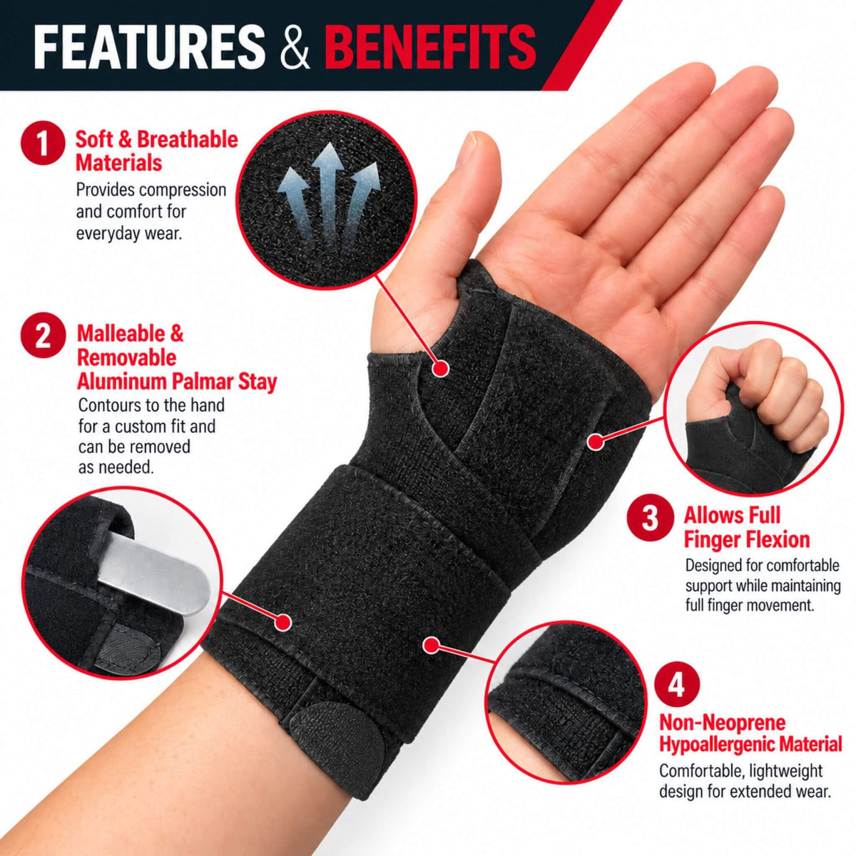 Jonah wrist brace features including breathable material, removable palmar stay and full finger flexion