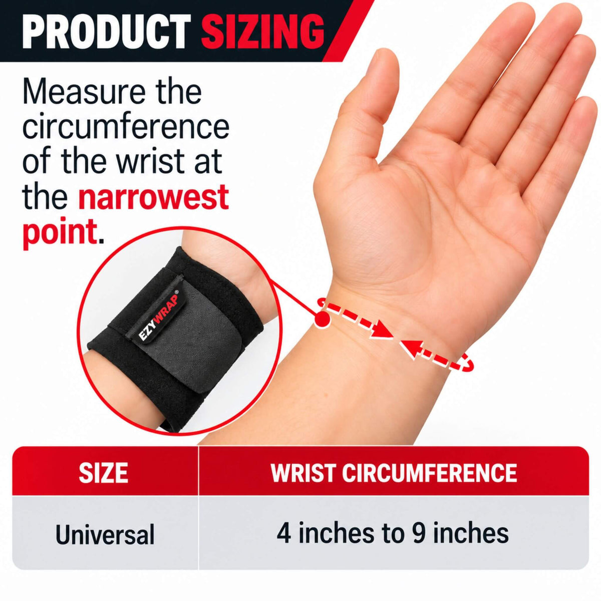 Jonah wrist brace sizing chart showing how to measure wrist circumference for universal fit