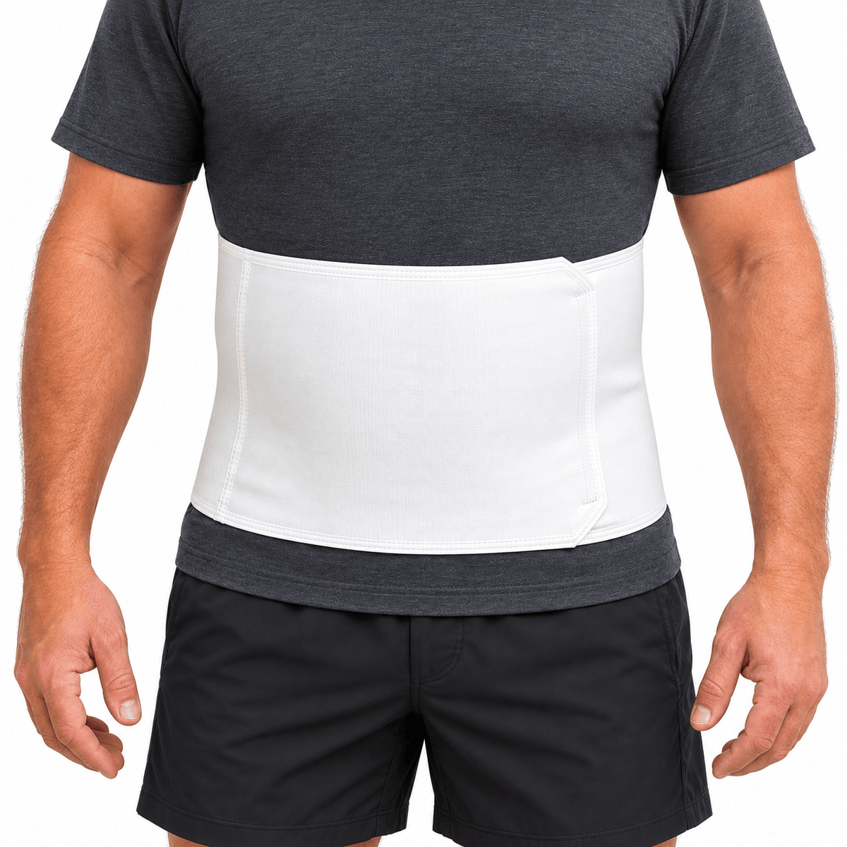 White semi-universal abdominal binder worn around the waist, showing adjustable compression wrap and front hook-and-loop closure.