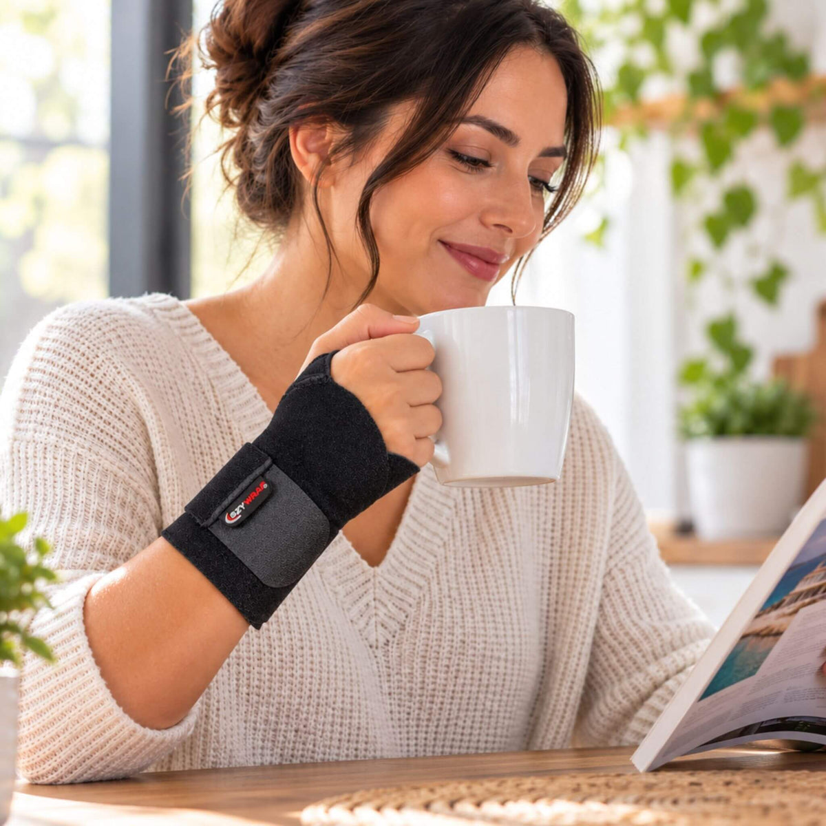 Woman wearing Jonah soft wrist brace for comfortable everyday wrist support