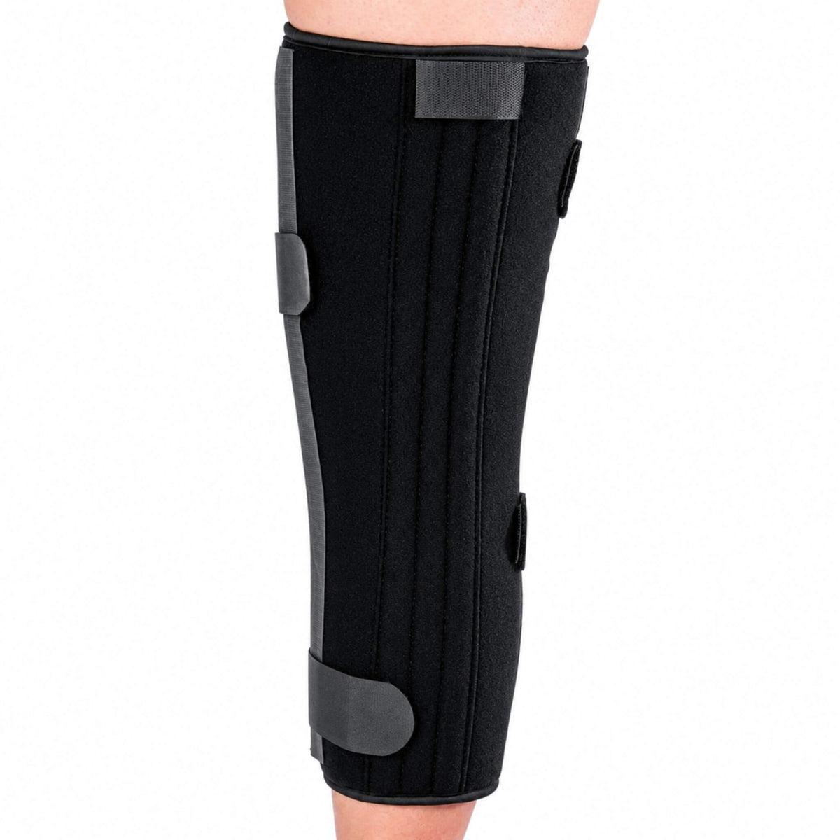 Rear view of the EzyWrap Tri-Panel Knee Immobilizer showing adjustable straps and full leg support.
