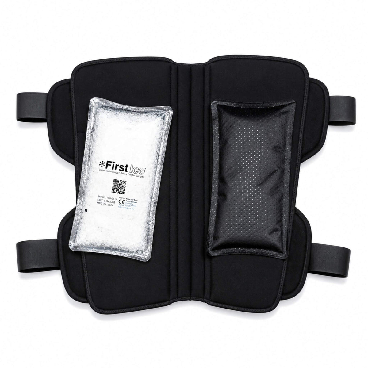 nterior of the Tri-Panel Knee Immobilizer showing the FirstIce® Direct Stick™ cold therapy pack attached inside for extended cooling.
