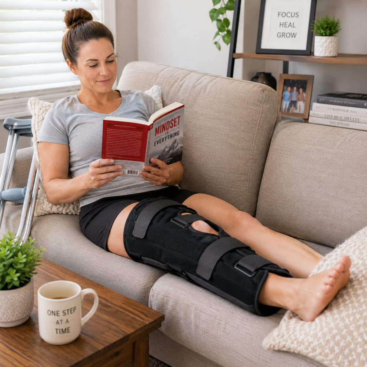 Patient relaxing at home wearing an EzyWrap Tri-Panel Knee Immobilizer with FirstIce® cold therapy during post-operative knee recovery.